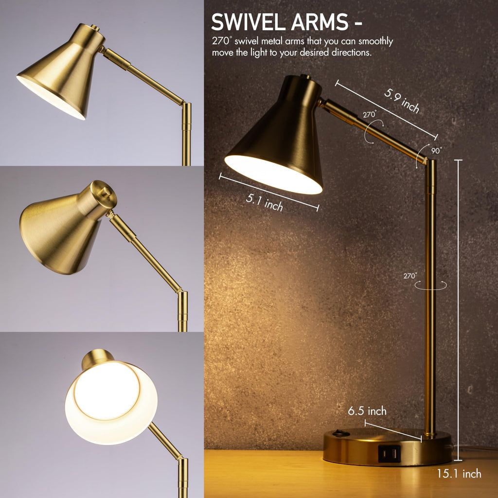 Astrum - LED Desk Lamp with Dual USB Charging Ports, 100% Metal, 270 Degree Swivel Arms, Soft White Light (3000K)