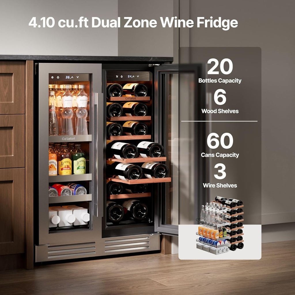 24 Inch Wine and Beverage Refrigerator, 60 Cans 20 Bottles Dual Zone Cooler with