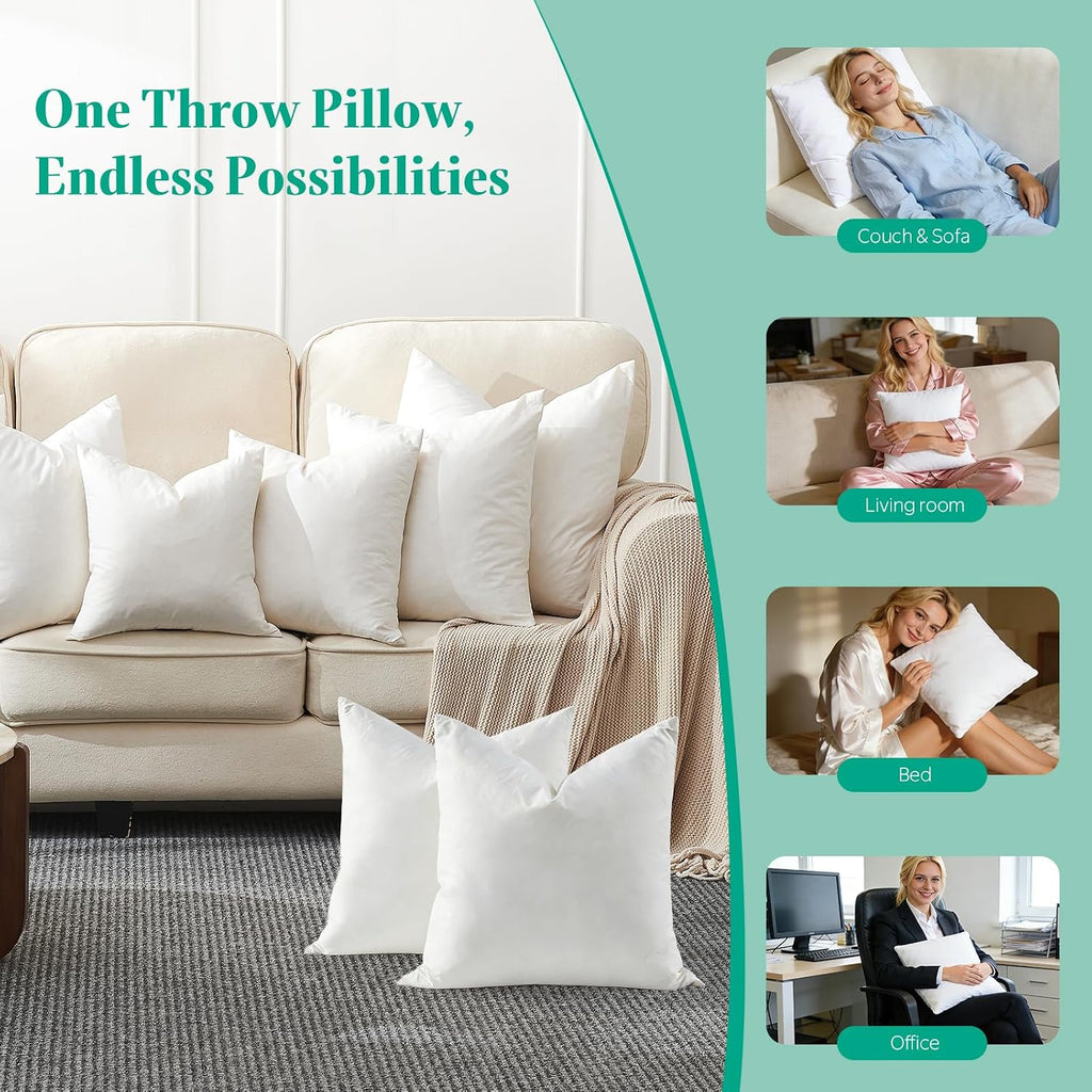 Down Feather Throw Pillow Inserts, 22x22 Pillows with Organic Cotton Cover, Soft Square Decorative Pillows - Set of 2