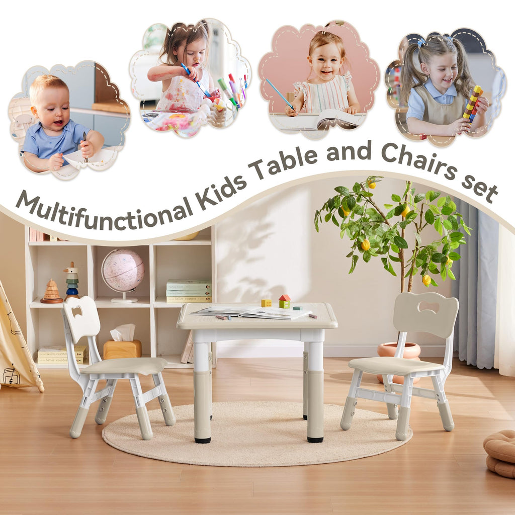 Kids Study Table and Chairs Set, Height Adjustable Toddler Table and Chair Set for Kids Ages 3-8, 23.6" L x 23.6" W