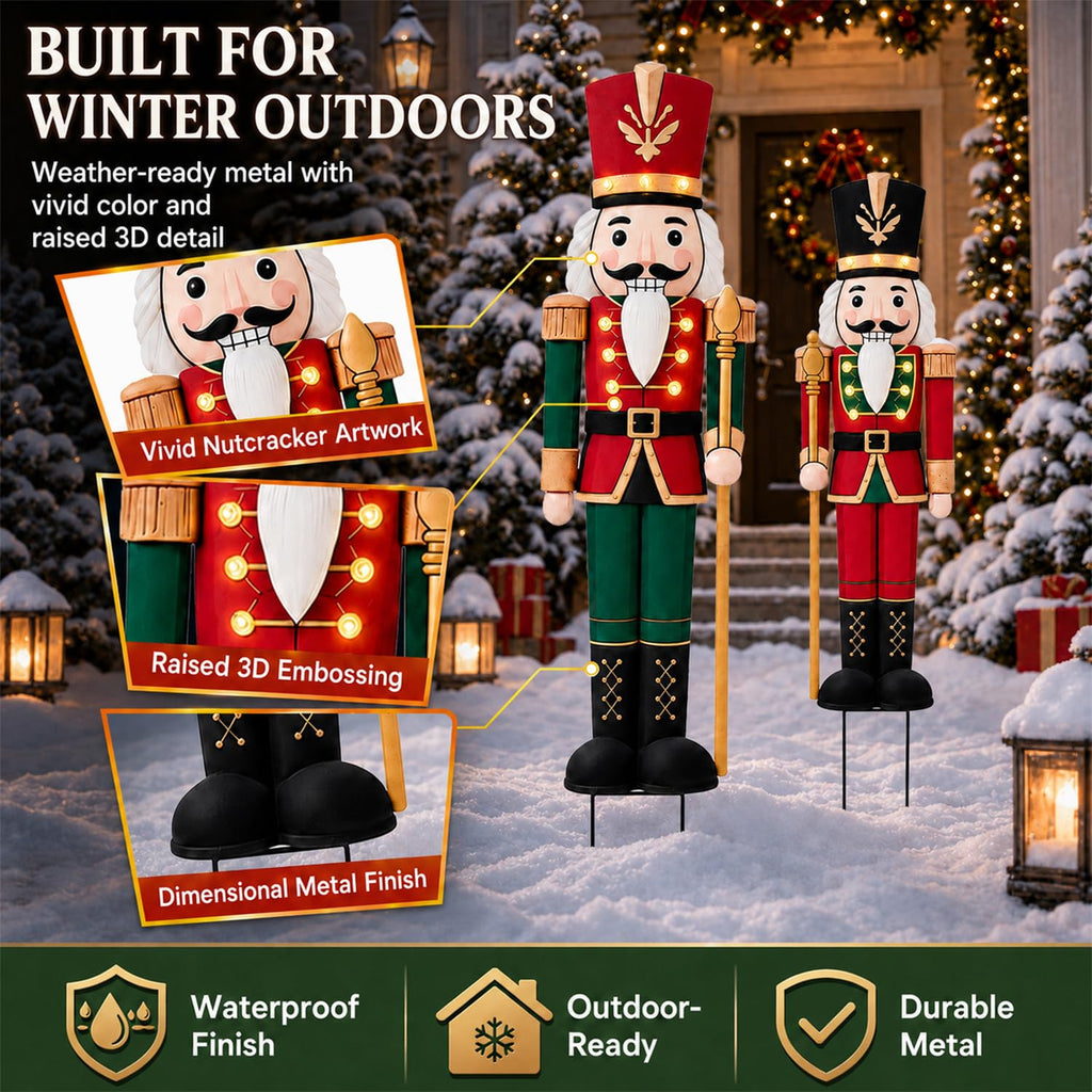 Outdoor Nutcracker Christmas Decor Lights, 2 Pack 48.2" Metal Yard Stakes