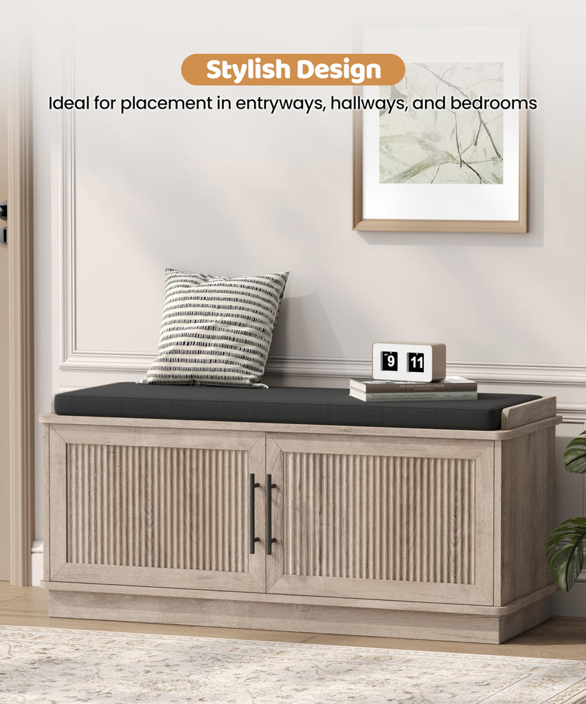 39.4" Fluted Shoe Storage Bench 2 Doors Wooden Entryway Bench Grey