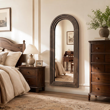 Arched full length mirror, solid wood frame, 55x23in walnut