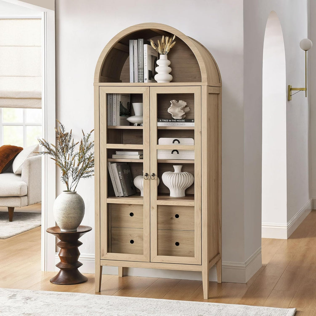 Nolan Modern Farmhouse 71 Inch Tall Arched Storage Display Cabinet in Light Oak Wood Grain - 4-Tier Bookcase with