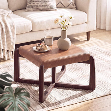 Faux Leather Square Coffee Table Ottoman,24" Coffee Table Ottoman,Ash Wood Living Room Table (Brown)