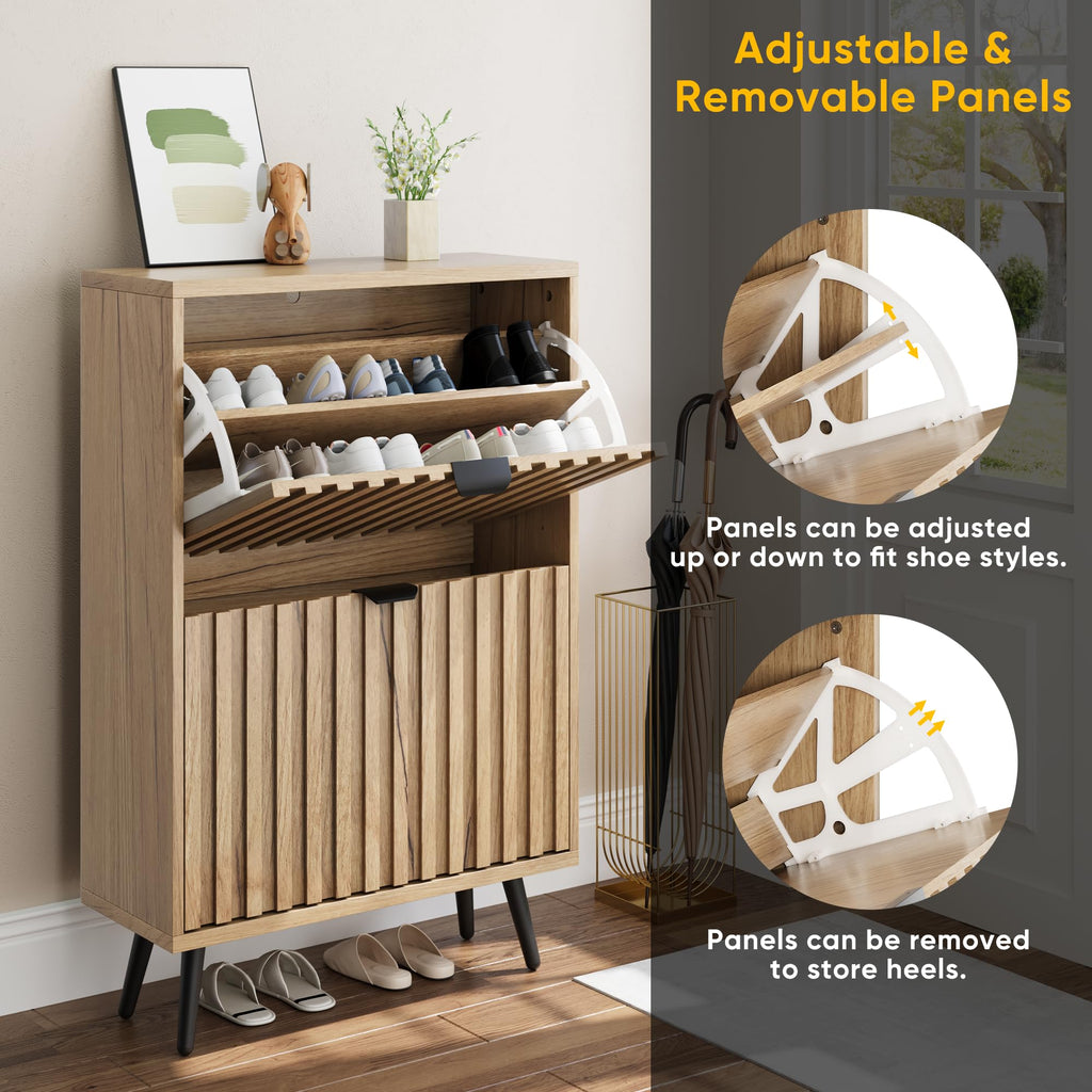Shoe Cabinet with 2 Flip Drawers, 23.6" Natural Hidden Shoe Storage Cabinet with Fluted Design, Freestanding Shoe