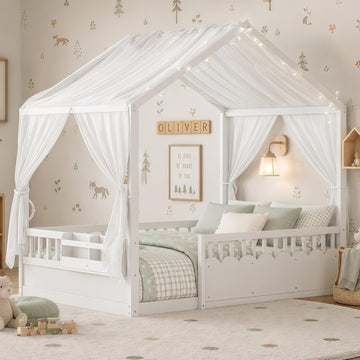 Floor Bed Frame, Wooden Canopy House Bed Frame, White