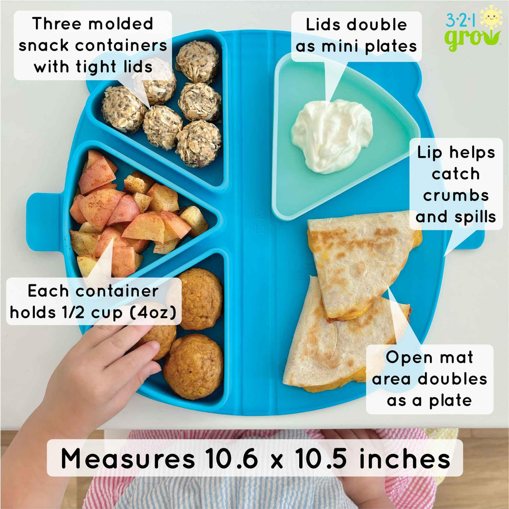 Silicone On-The-Go Snack Mat - Foldable Reusable Placemat with 3 Compartments and Lids - Travel-Friendly Baby and