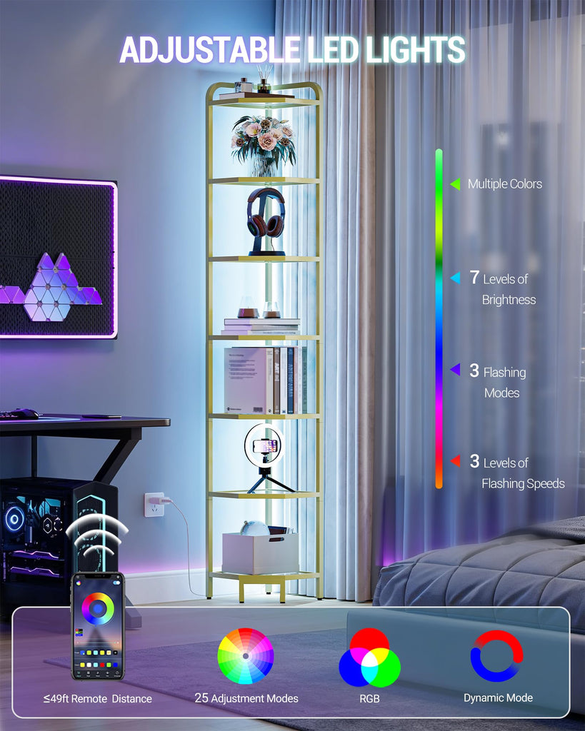 Corner Shelf with LED Lighting, 7-Tier Glass Bookshelf