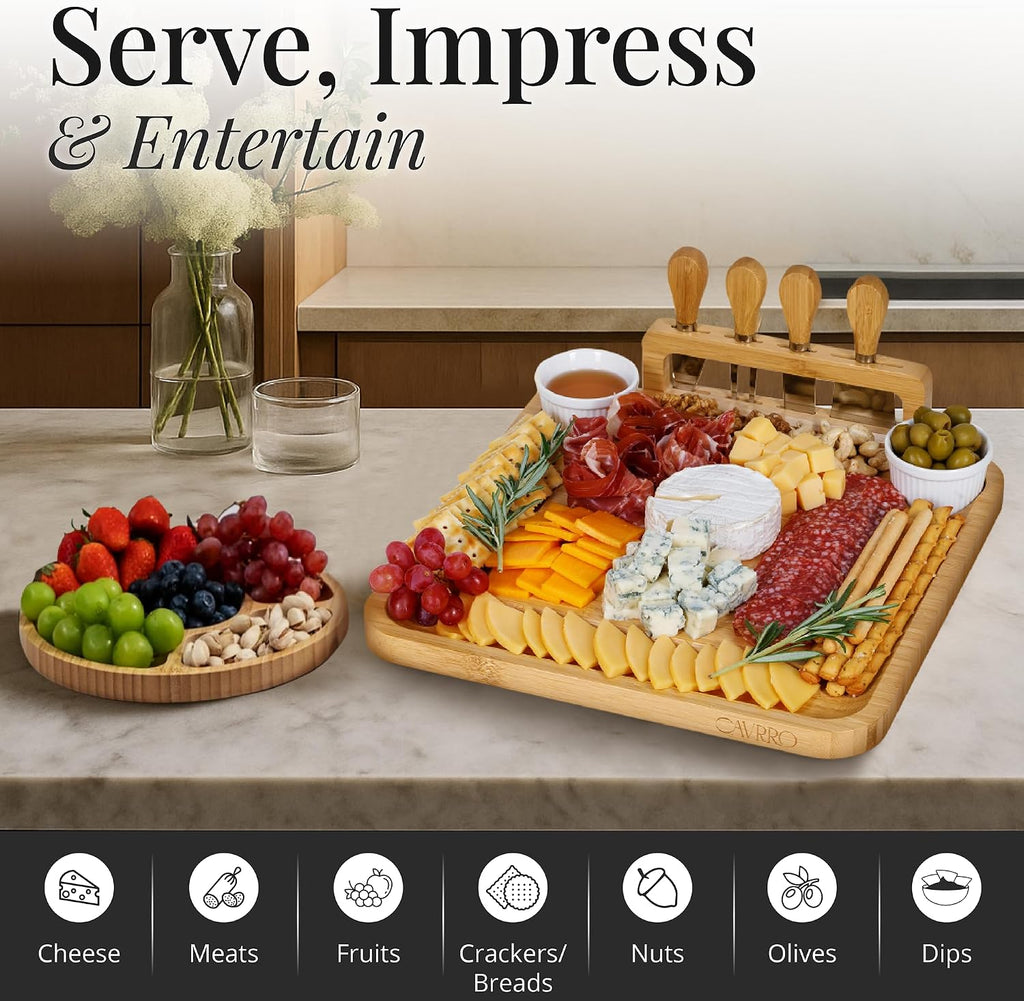 Charcuterie Board Set Bamboo with Cheese Knives and Bowls, Large Wooden Serving Platter for Entertaining