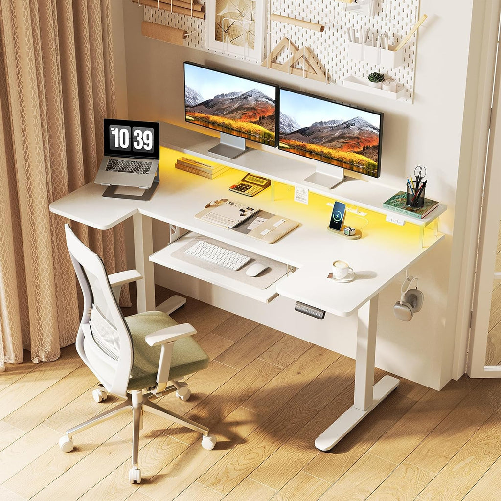 55 Inch U Shaped Electric Standing Desk with Keyboard Tray, White | 3 Outlets & 2 USB Ports, Dual-Monitor Stand, 10