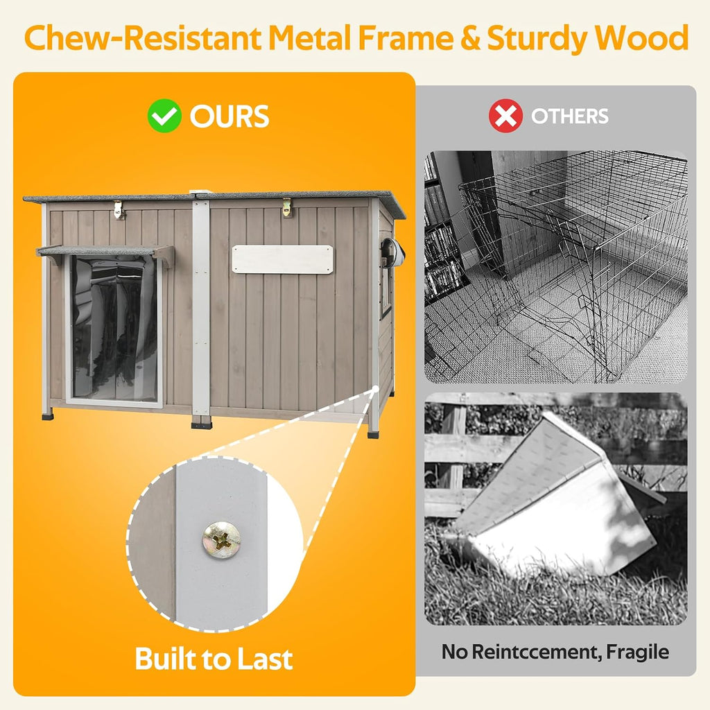55"L Dog House Outdoor Large Breed Extra XL Wooden Dog House with Weatherproof Asphalt Roof, All-Around Iron Frame