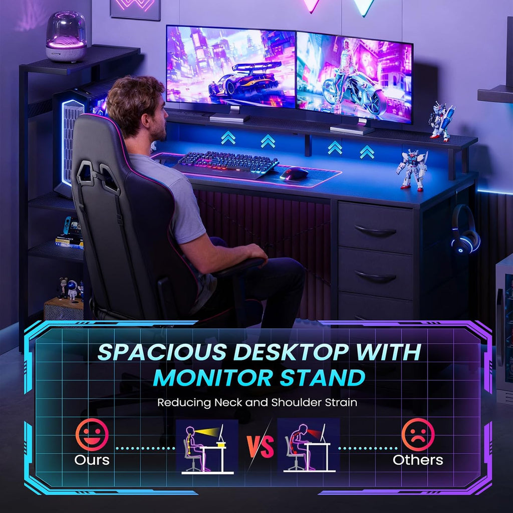 59in Gaming Computer Desk with Drawers & Power Outlet & LED Lights, Black | Gaming Table, Escritorio Gamer