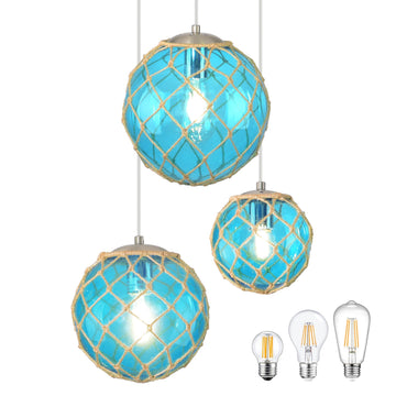 3-Light Blue Coastal Pendant Light Kitchen Island 3 Globe Glass Ocean Chandelier Beach House Boho Chandelier Hanging