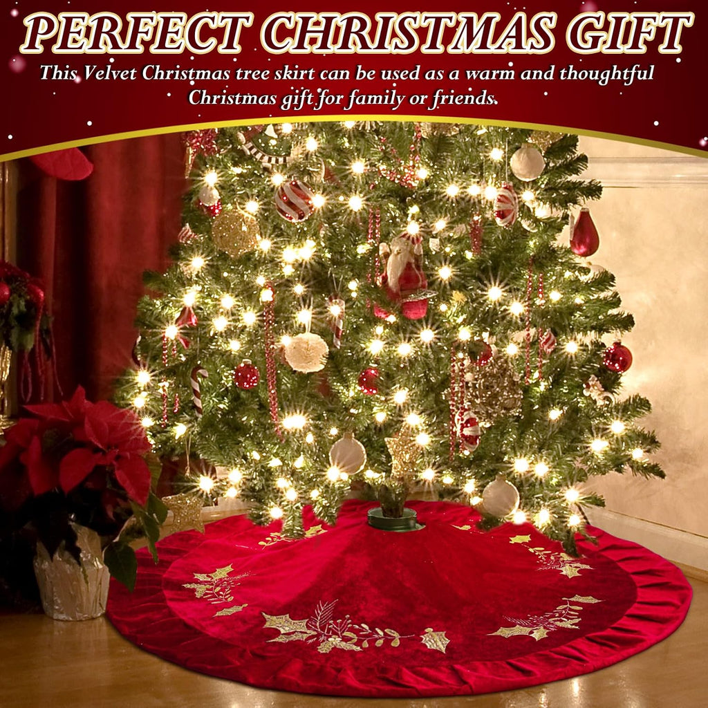 Christmas Tree Skirt, 48 Inches, Gold Embroidered Holly Style, Red