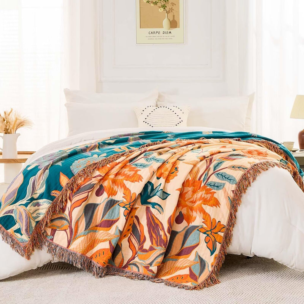 Boho Throw Blanket for Bed, 100% Cotton Soft Rustic Quilt Fall Blanket, 90"x98" Floral Printed Farmhouse Decor Bed