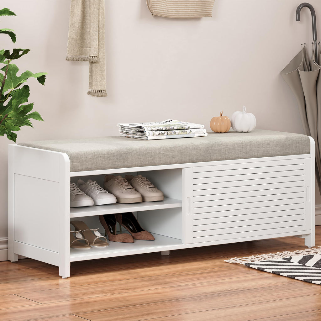 Shoe Bench with Storage and Cushion, Farmhouse Distressed Shutter Storage Bench with Retro Charm, White