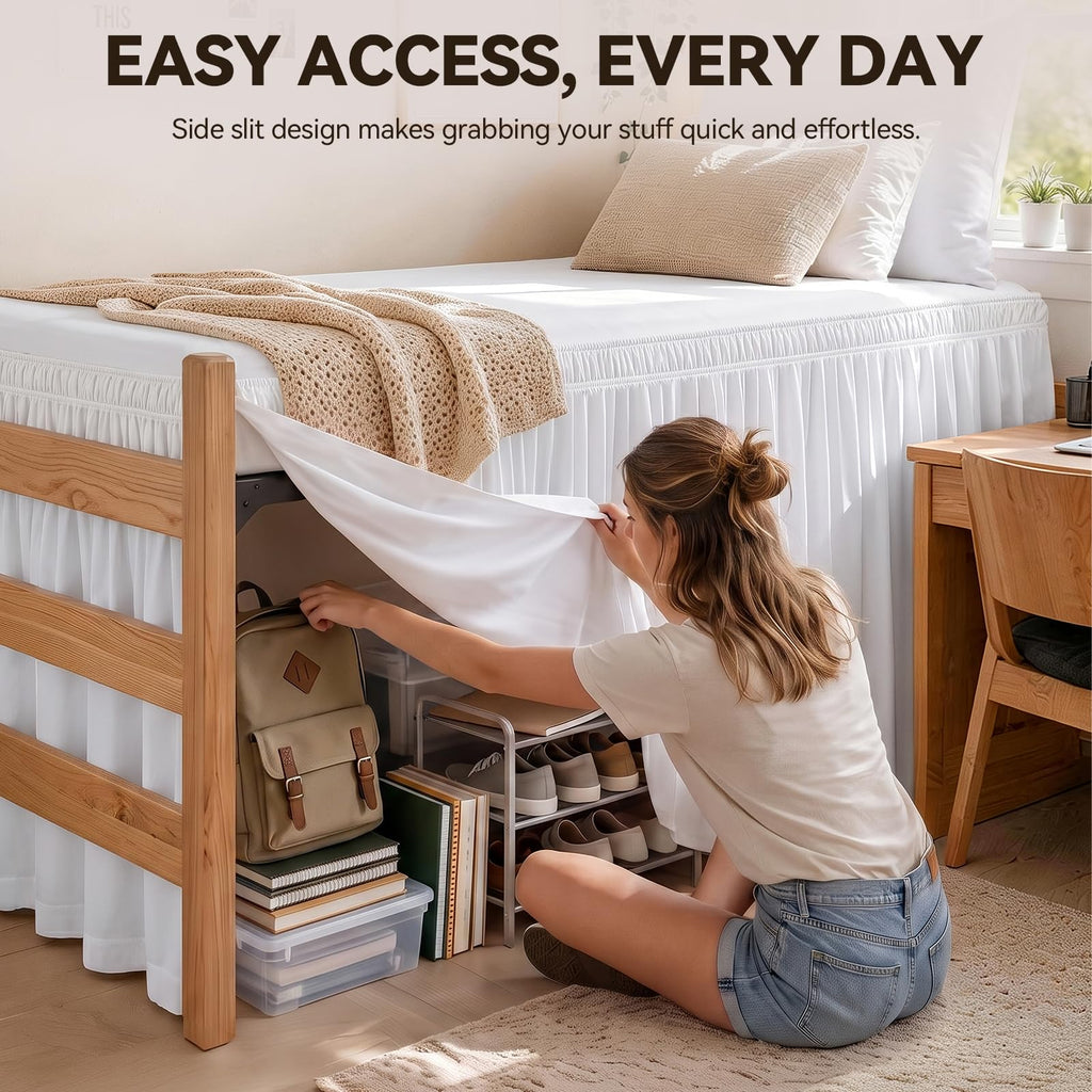 Twin XL Lofted Dorm Bed Skirt 50" Drop, Wrap Around Split Corner, White