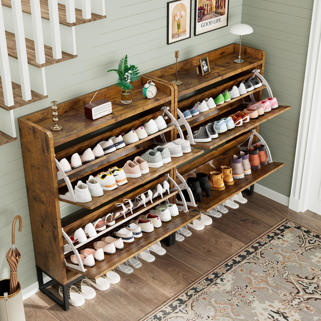 Shoe Cabinet, Shoe Storage Cabinet with 2 Flip Drawers & Adjustable Shelf, Space-Saving Shoe Organizer - Holds 16+