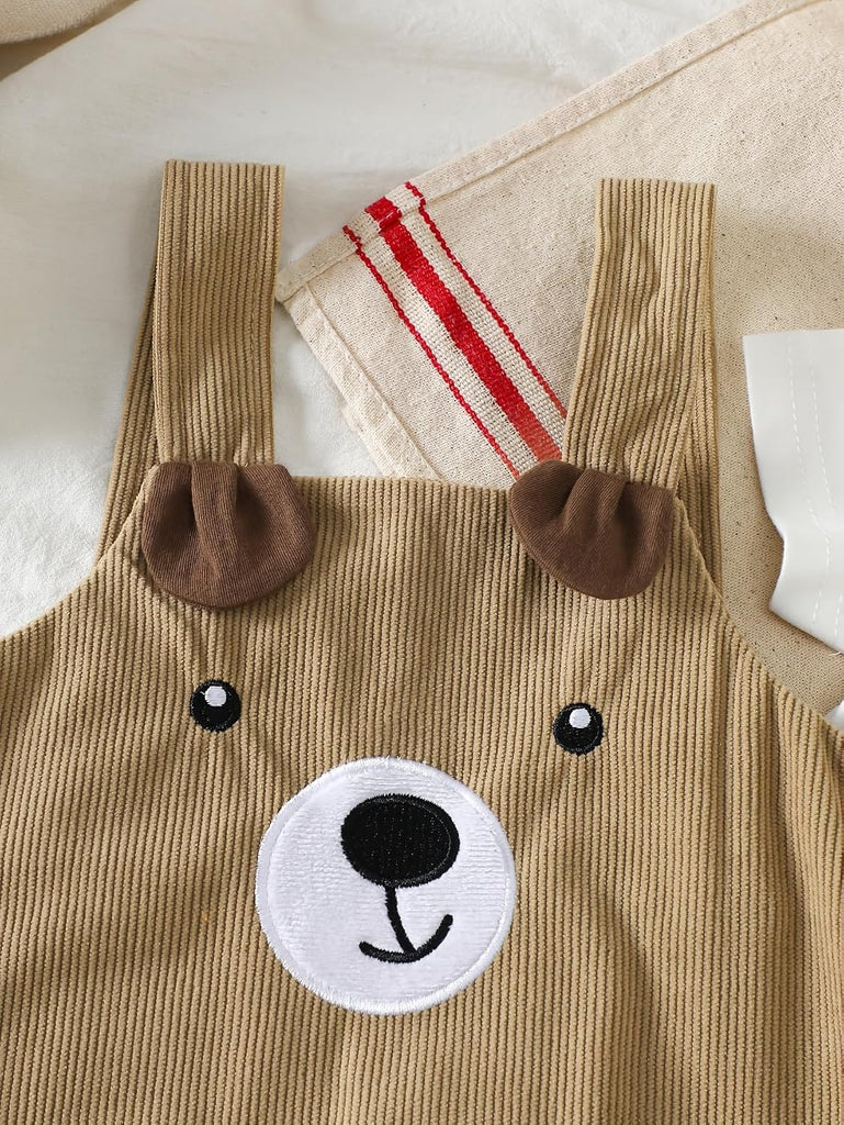 Baby Bear Overalls Set Brown Corduroy Suspender Pants White Short Sleeve Top Cute Animal Design Infant Outfit