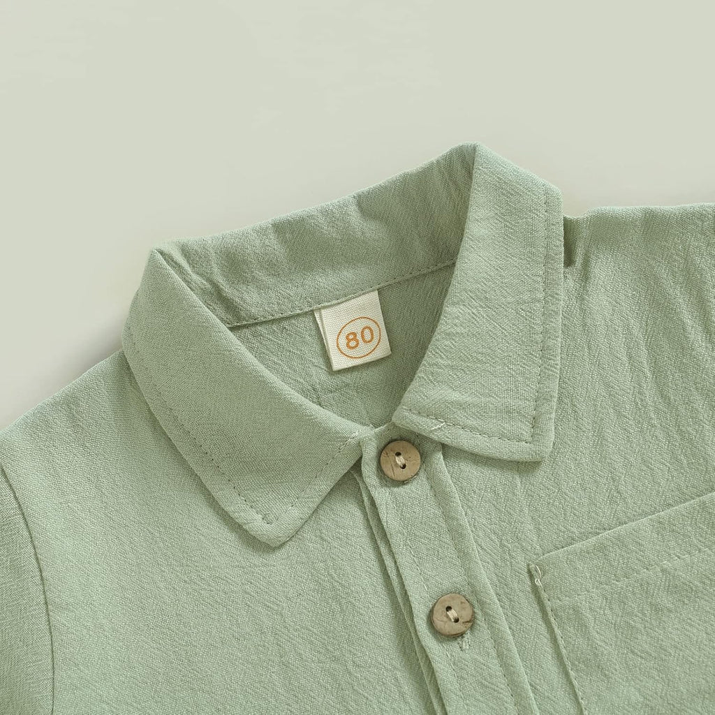 Toddler Baby Boy Linen Outfits Solid Color Short Sleeve Lapel Button Down Shirt and Shorts Summer Clothes Set