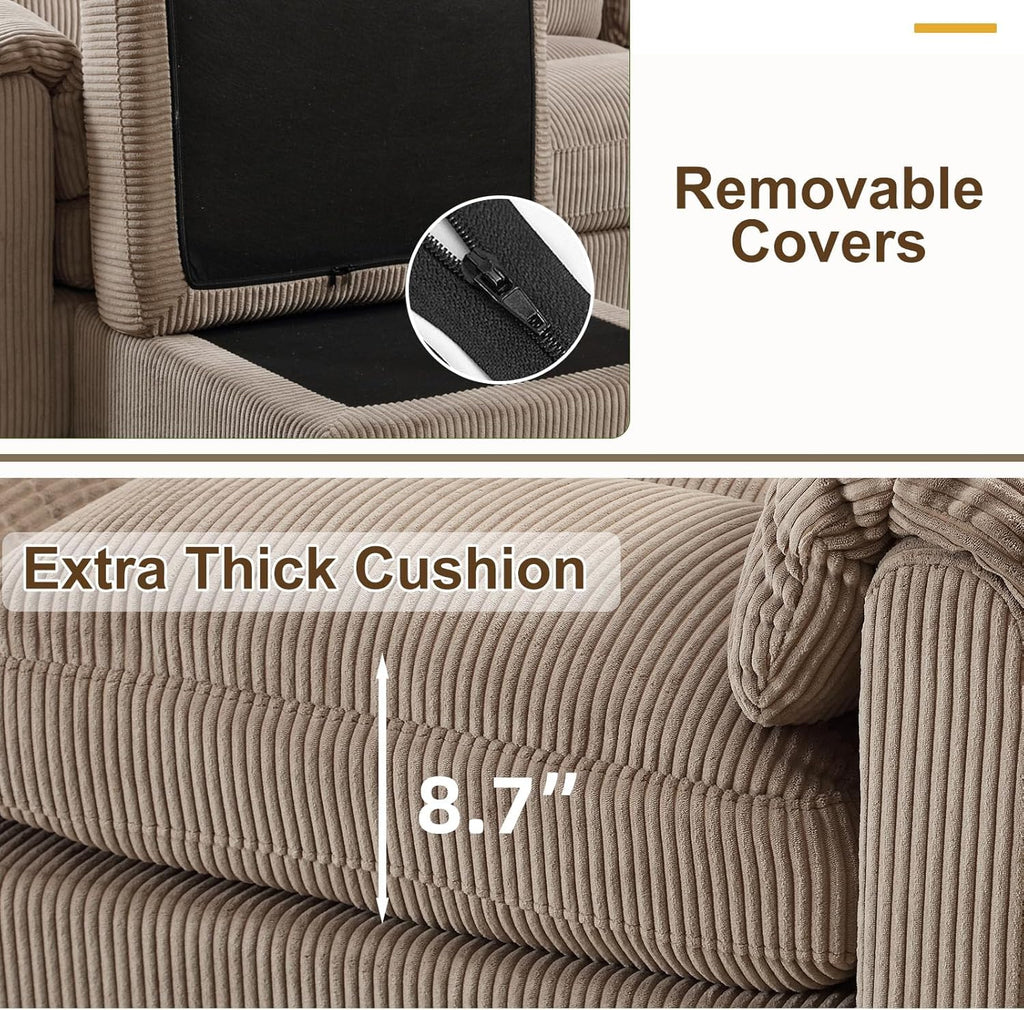 115" Modular Sectional Sofa Couch with Movable Ottoman, Oversized Corduroy U Shaped Sectional Couches with Rolled