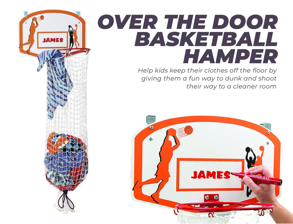 Over the Door Basketball Laundry Hamper - Space Saving Hanging Hamper with Metal Ring, Backboard, Drawstring Bag