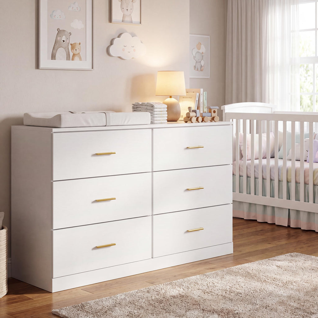 47" Modern White, 6 Drawer with Gold Handles