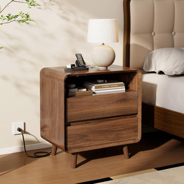 Night Stand with Charging Station, 23.7'' Wide Side Table Bedroom Nightstand with Drawers, Mid Century Modern Bedside
