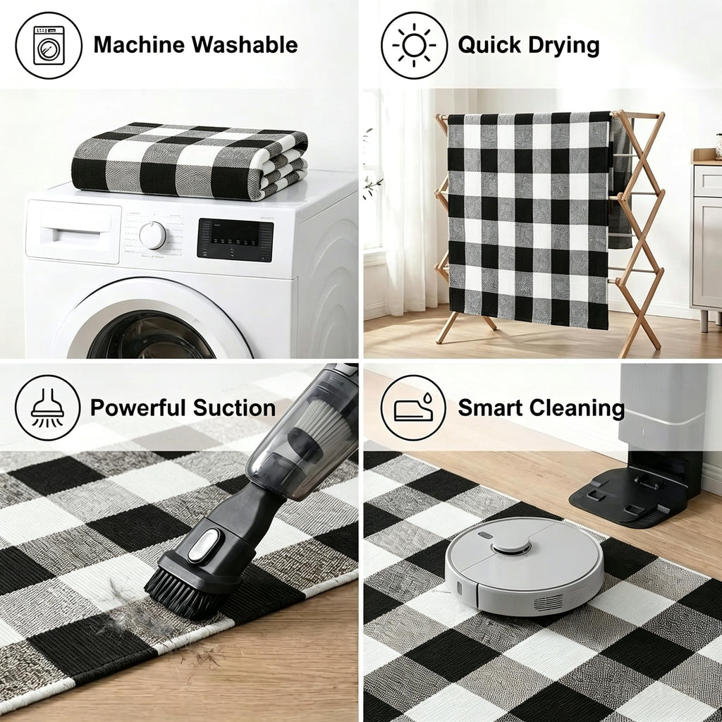 Fall Decor Cotton Buffalo Plaid Rug, 3' x 5' Black and White Outdoor Rug Front Door Decorative Mat, Washable Doormat