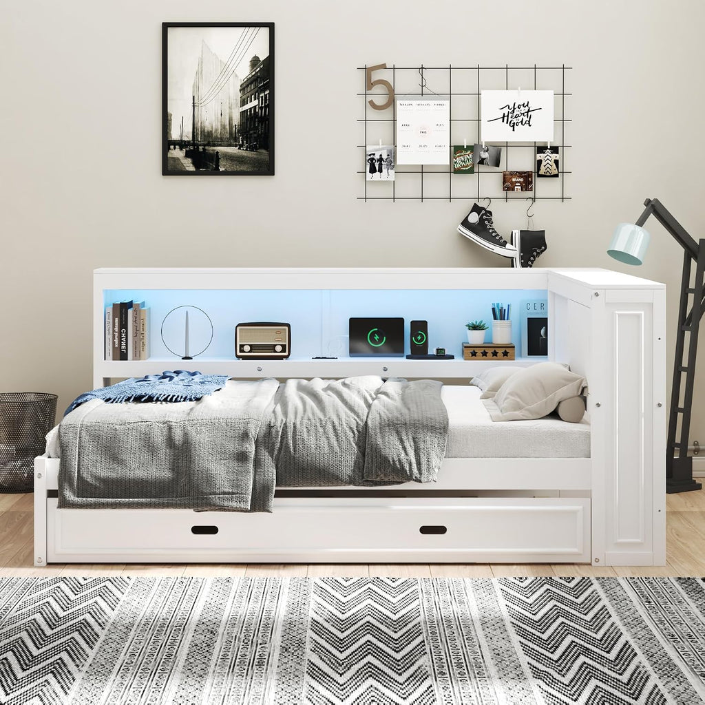 Full Size Corner Daybed with Trundle and Storage, White | L-Shaped Corner Bed with Bookcase, LED Lights & USB Ports