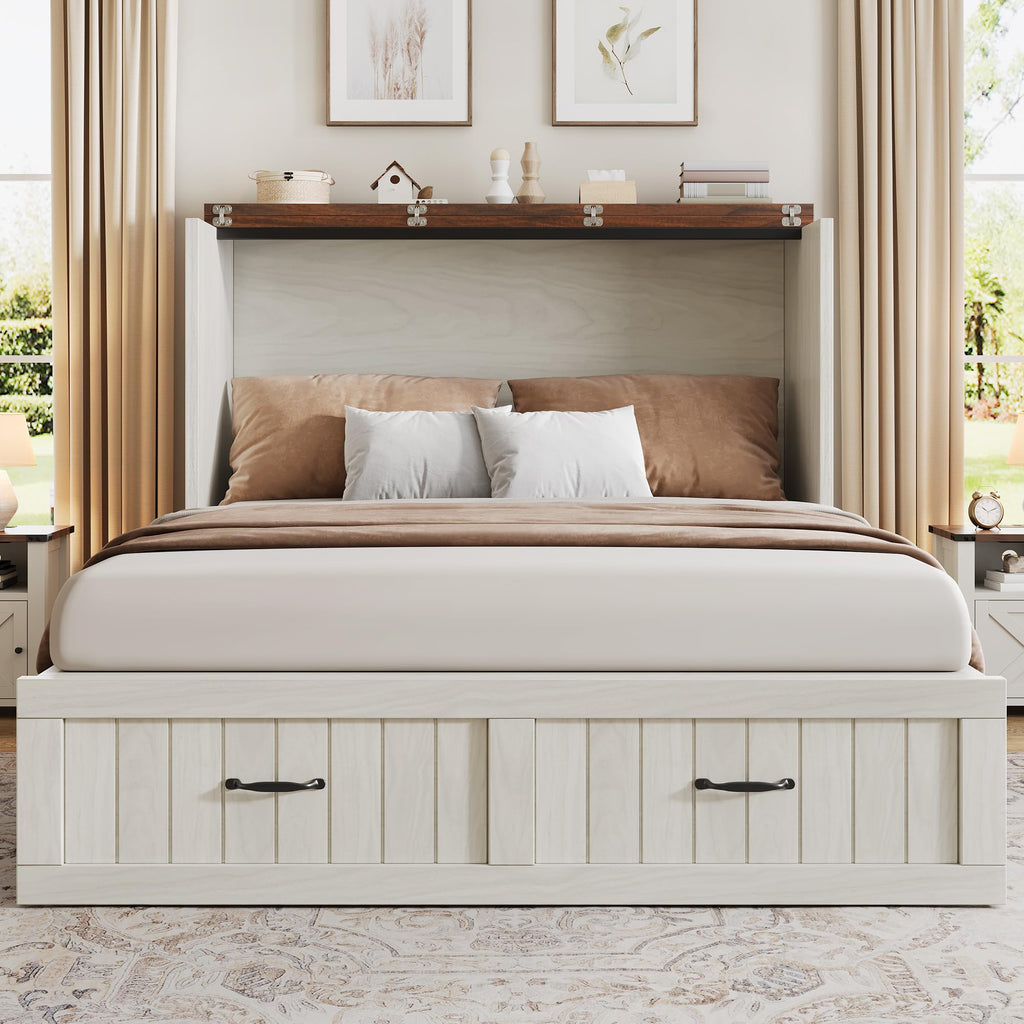Full Size Murphy Bed with Charging Station & Large Storage Drawer