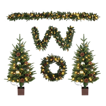 Pre-lit 5-Piece Set Christmas Tree with LED Lights, Christmas Garlands, Wreath and Set of 2 Entrance Trees Artificial