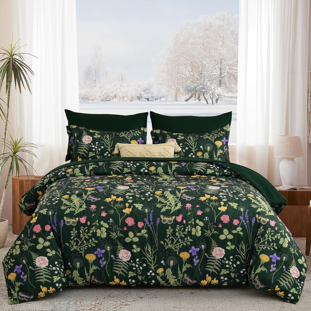 Yiran Queen Comforter Set 7 Piece, Dark Green Floral Bedding Set, Bed in a Bag Queen with Botanical Flowers Patterns