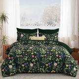 Yiran Queen Comforter Set 7 Piece, Dark Green Floral Bedding Set, Bed in a Bag Queen with Botanical Flowers Patterns