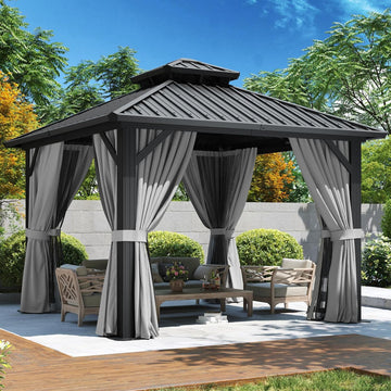 10’x12’ Hardtop Gazebo, Permanent Metal Pavilion with Galvanized Steel Double Roof