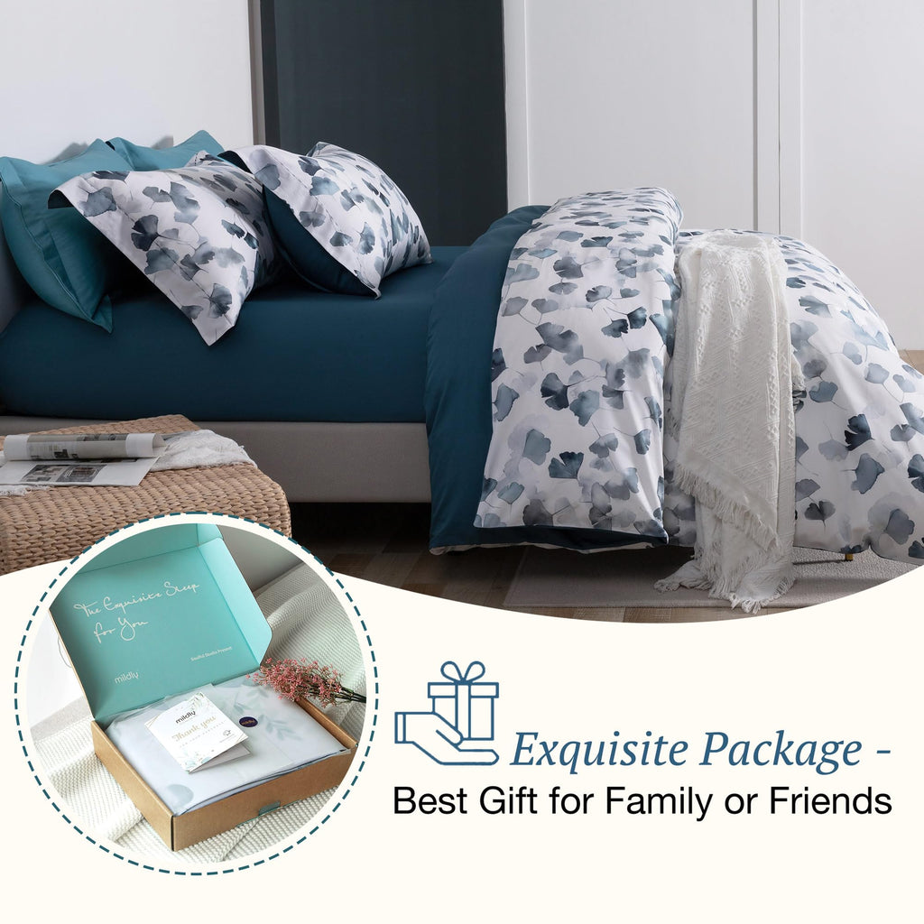 100% Long-Staple Cotton Duvet Cover Set Light Navy Ginkgo Leaf Pattern Printed Comforter Cover 3pcs, Ultra Soft &