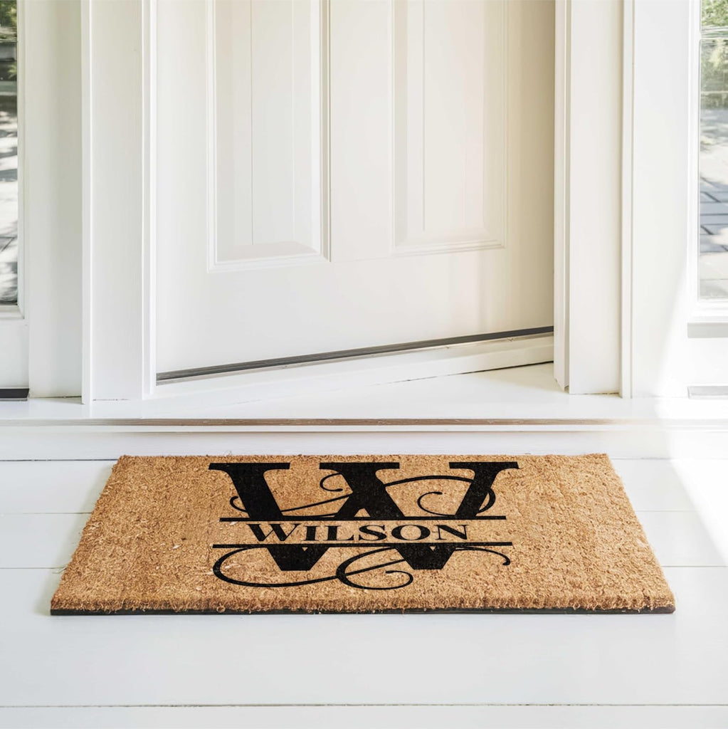 Personalized Split Monogram Coir Doormat 24x36 - Custom Front Door Mat | natural coconut husk, 3/4in thick, printed