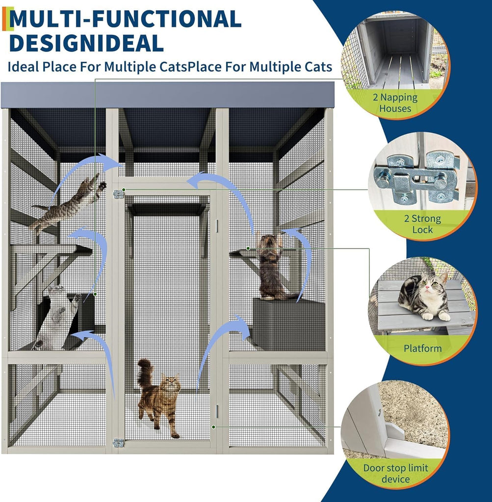 70" Large Outdoor Catio Cat Enclosure, Wood Cat Patio with 5 Platforms and 2 Resting Box, Cats Shelter
