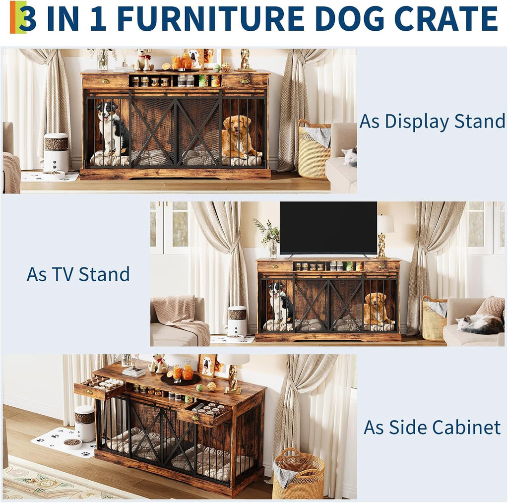 Dog Crate Furniture TV Stand, 63 Inch Double Kennel with Divider & Drawers