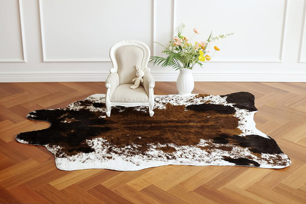 Faux Cowhide Rug Large (4.3ft x 5.6ft) - Non-Slip Backing, Cow Print Decor - Fireplace Hearth Rug, Wall Art