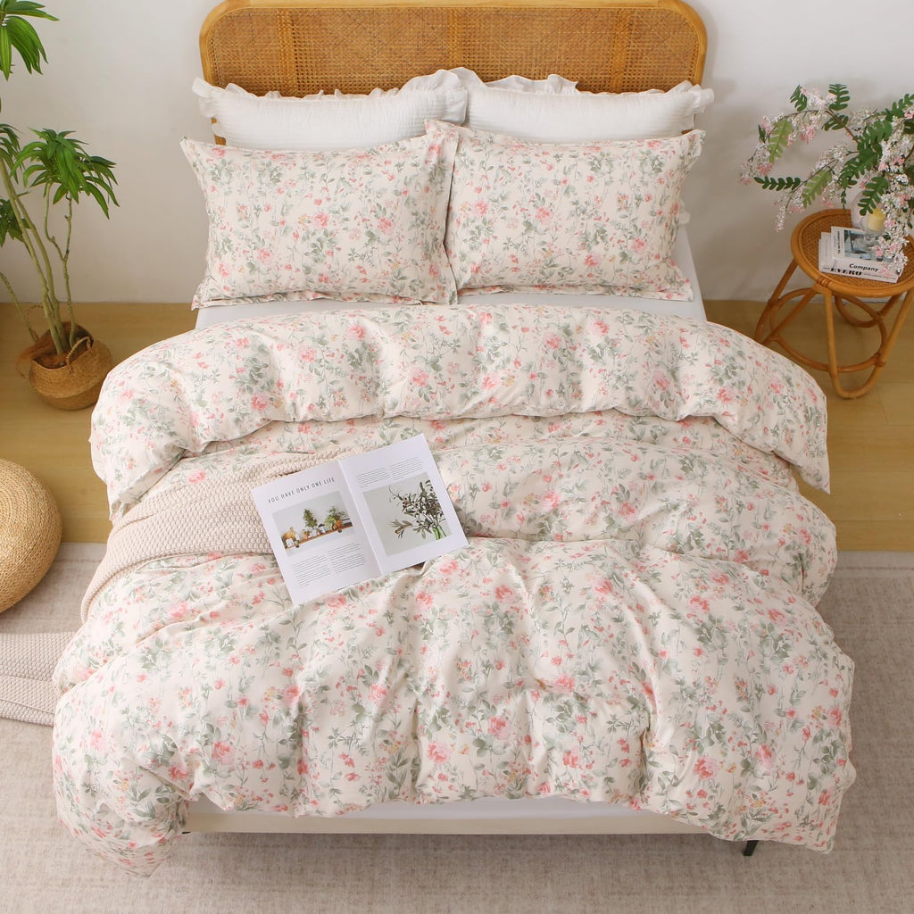 100% Cotton Duvet Cover Floral Bedding Set 3 Pieces Pink Floral Leaf Print Cottage Core Duvet Cover Set