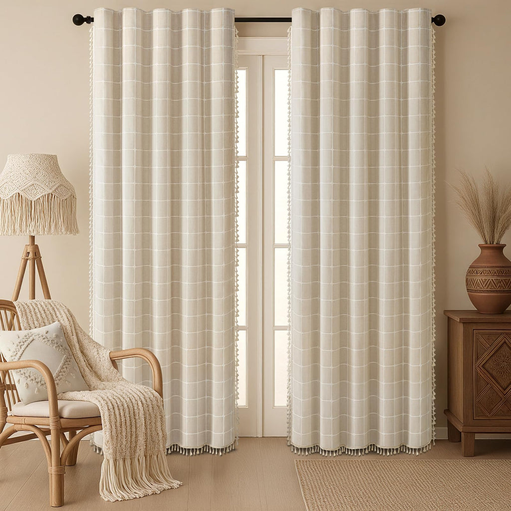 Boho Blackout Plaid Curtains 84 Inch Drapes Linen Blend 2 Panels