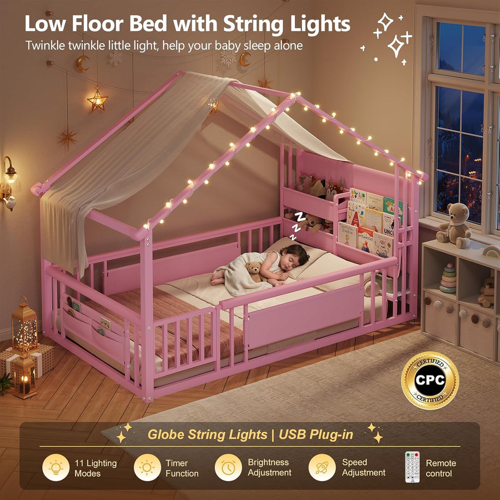Floor Bed with Storage Bookshelf and Globe String Lights House Montessori Floor Bed for Girls with Safety