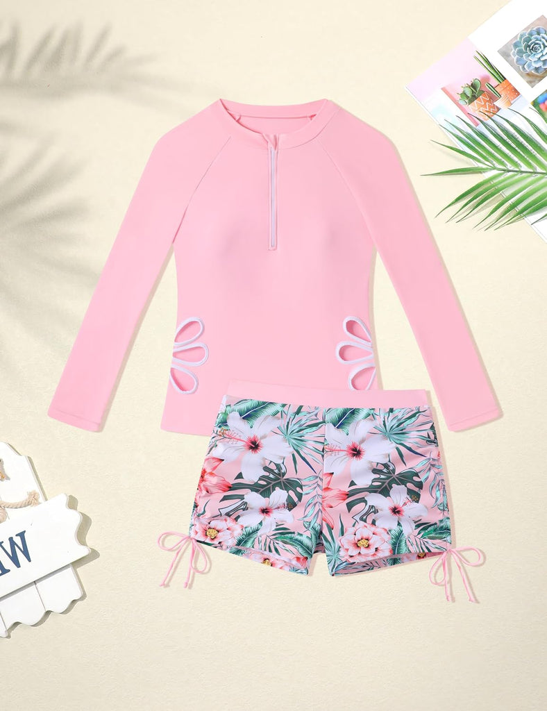 Girls Swimsuit 2 Piece Cut Out Rash Guard Swimsuit Long Sleeve with Zip Girls Bathing Suit