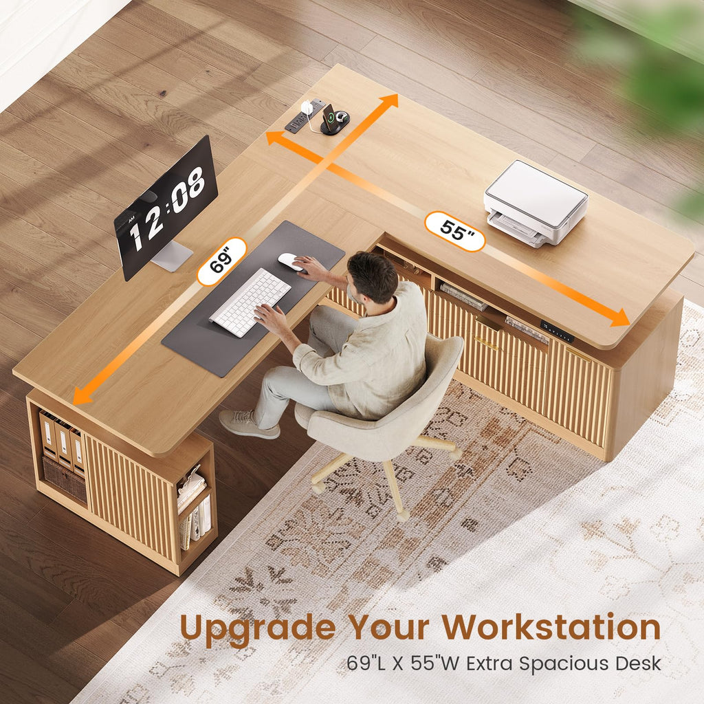 Fluted L Shaped Executive Electric Standing Desk with 4 Drawers