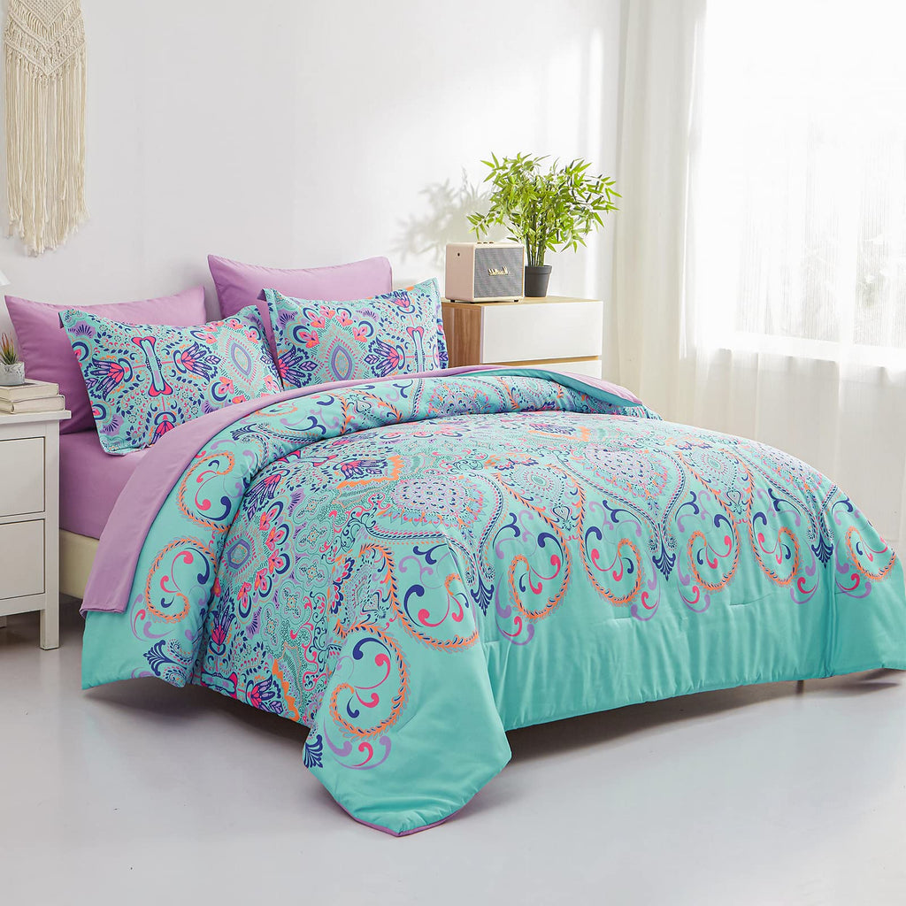 Queen Comforter Set, 7 Piece Bed in a Bag, Boho Aqua and Lilac Damask Medallion Print Comforter with Sheets, Soft