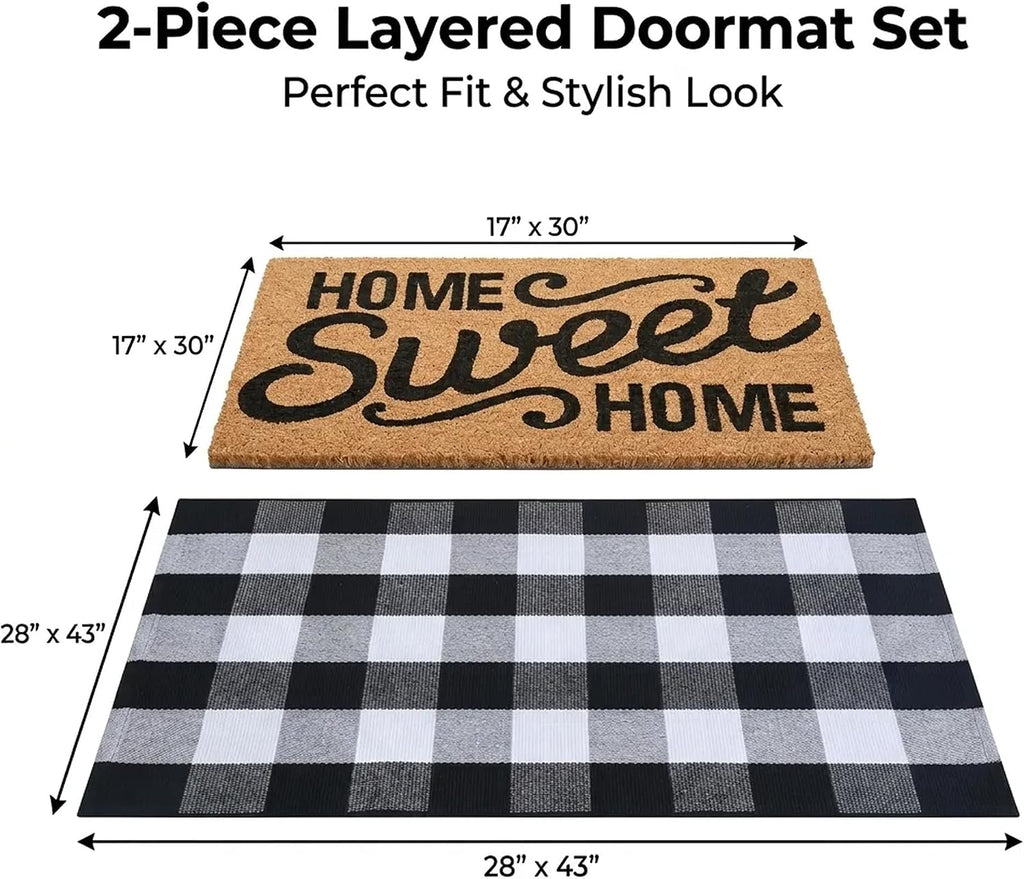 Home Sweet Home Doormat Set, 2-Piece Layered Front Porch Mat Combo, Natural Coir Welcome Mat with Black and White