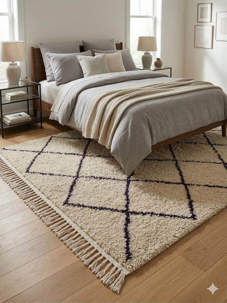 Handmade Moroccan Berber Area Rug, 100% Wool High Pile Shag, Beni Ourain Style, Ivory/Cream with Purple