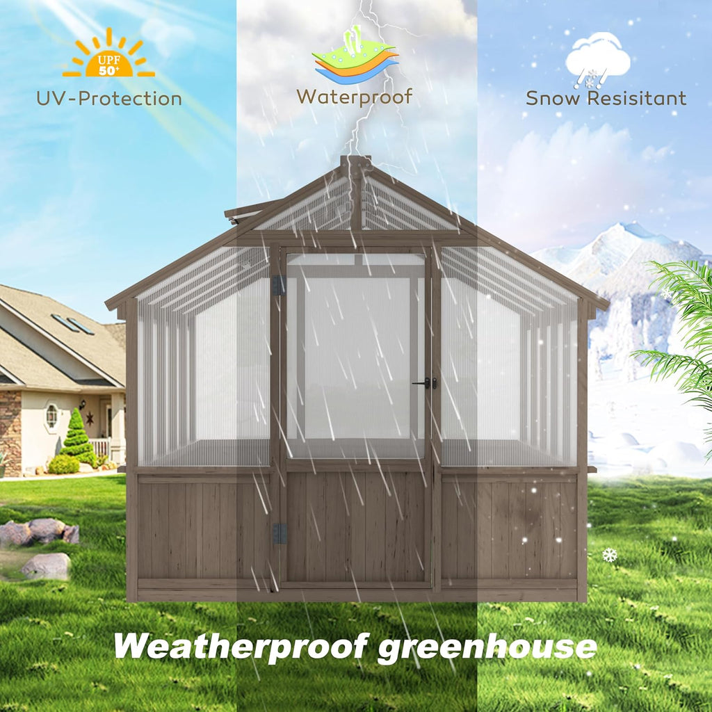 8x10 FT Greenhouse Kit with 6MM Thick Polycarbonate Panel for Outdoor, Wooden Walk-in Green House with Adjustable